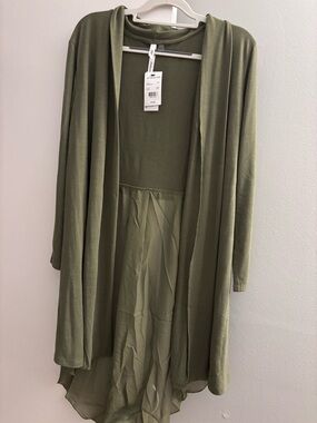 NY Collection Olive Green Draped Open-Front Cardigan